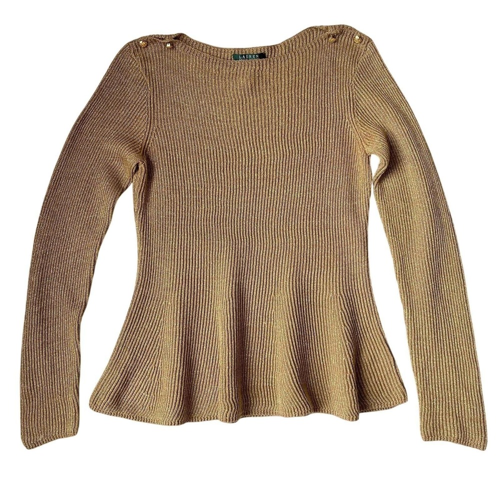 VTG Y2K Lauren Ralph Lauren Peplum Sweater Women XL Metallic Gold Crest Buttons